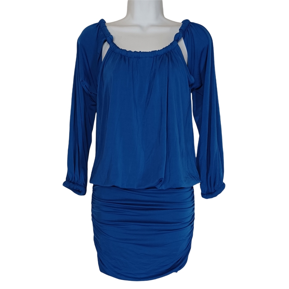 SEN Royal Blue Ruched Cut Out Bubble Sleeve Dress Small